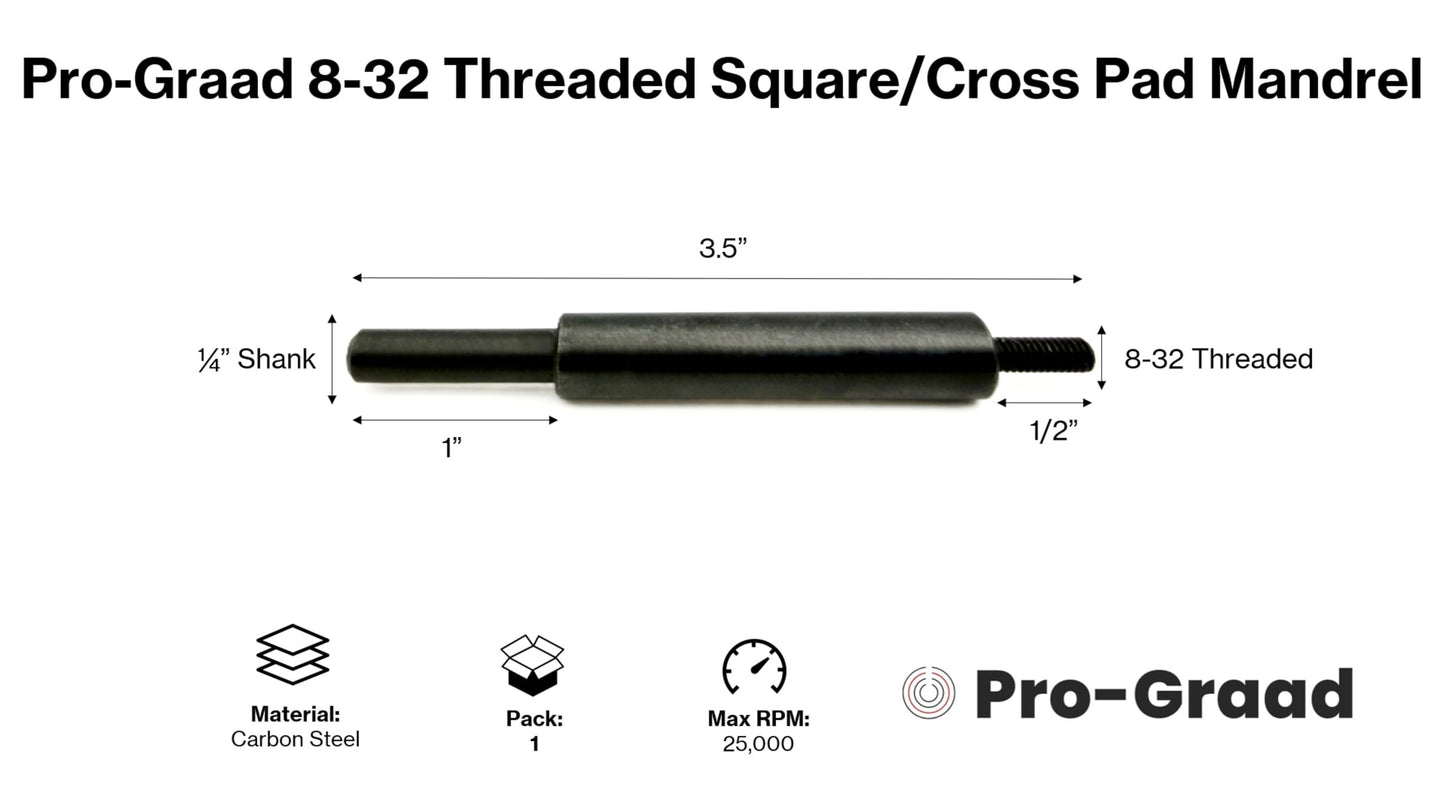 Pro-Graad MM32-4 8-32 Threaded Overlap Slotted Disc, Square Pad, Cross Pad, Cross Buff Quick-Change Mandrel, 3.5" Overall Length, 1/4" Shank Diameter, #8-32 Thread Size