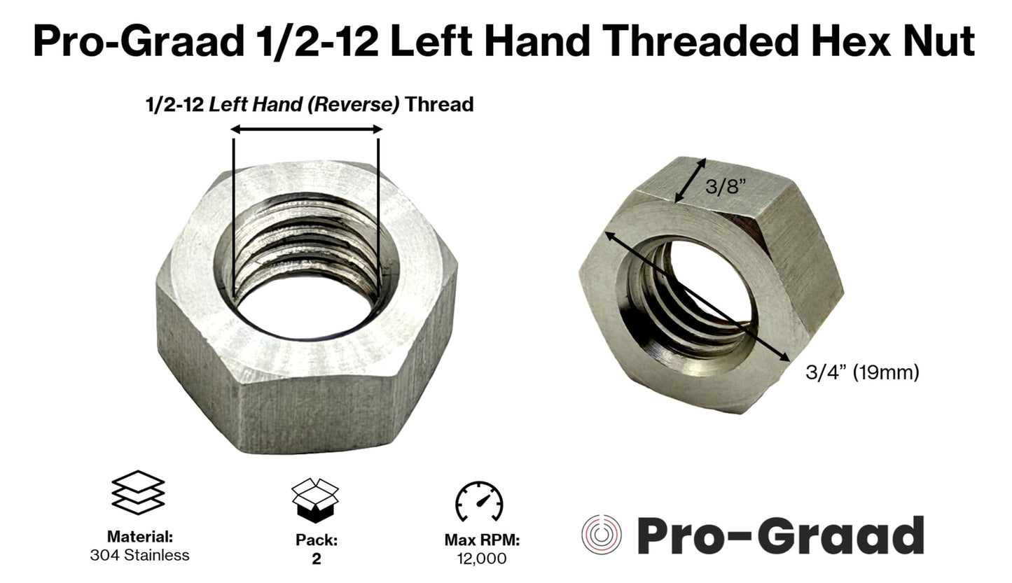 Pro-Graad 1/2-12 BSW Left Hand (Reverse) Thread, 304 Stainless Steel Hex Nut – Pack of 2