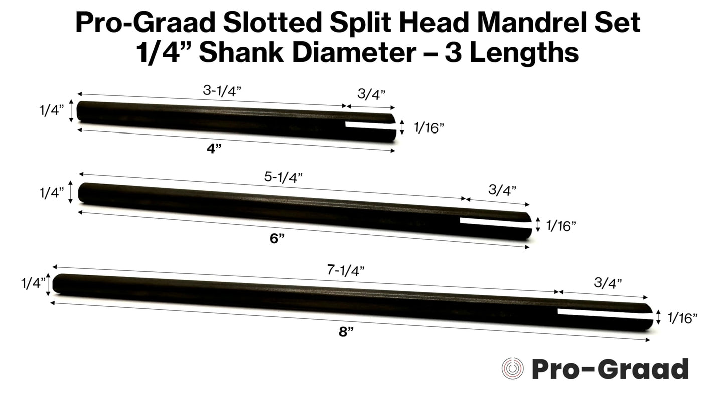 Pro-Graad SM-468 Slotted Mandrel 1/4” Shank & Body 3 Piece Set 4” – 6” – 8” Split Head Slot Mandrels, Core Sanding Internal Holes, 1/4” Shank Diameter x 4, 6, 8 inch Overall Lengths, Set of 3
