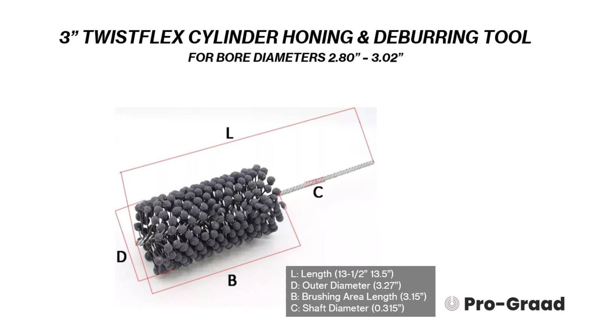 Pro-Graad TwistFlex Cylinder Hone | 3” 240SC Flexible Cylinder Honing & Deburring Tool | 3” (76.2mm) Bore Brush for Hole Diameters 2.8"- 3.02" | Silicon Carbide 240 Grit | 13.5" Length | 1 Pack
