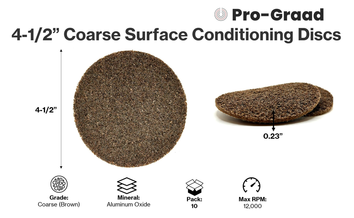 Pro-Graad 4-1/2" ACRS Hook & Loop Surface Conditioning Discs, 10 Pack, Brown, Coarse Grit, Aluminum Oxide, for Metal Surface Prep Sanding Polishing Deburring Cleaning - Easy Attachment, 14101