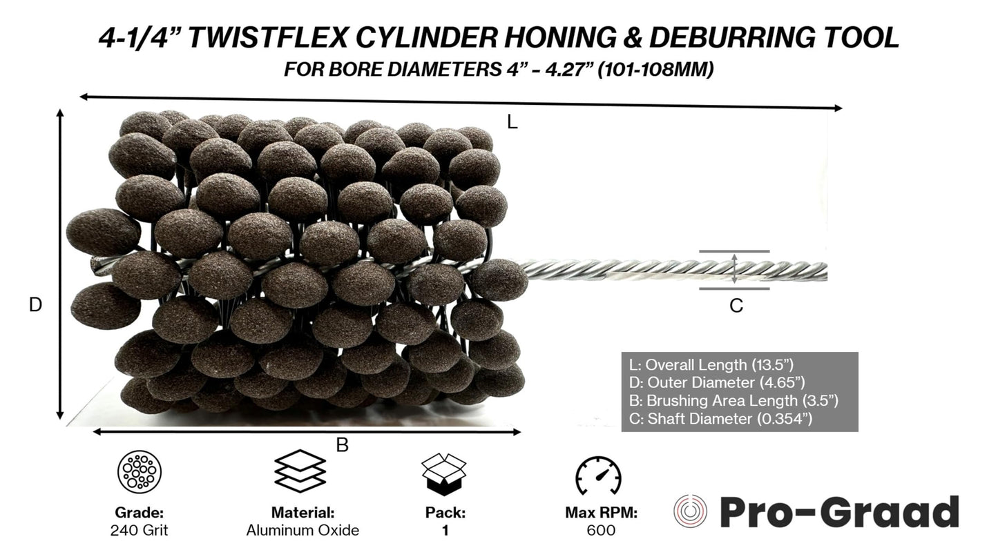 Pro-Graad TwistFlex Cylinder Hone | 4-1/4" 240AO for Block Cylinders, Valve Guides, Hydraulics, 4.25" Diameter for Hole Diameters 4"- 4.27" | Aluminum Oxide 240 Grit | 0.354" Shank | 13.5" Length
