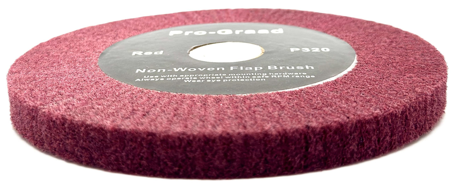 Pro-Graad 6” x 1/2” x 1” Arbor Red Bench Grinder Polishing Flap Wheel, 320 Grit, Tight Weave, Great for refurbishing golf clubs and metal, Non-Woven Wheel for Copper, Metal, Finishing & Burnishing