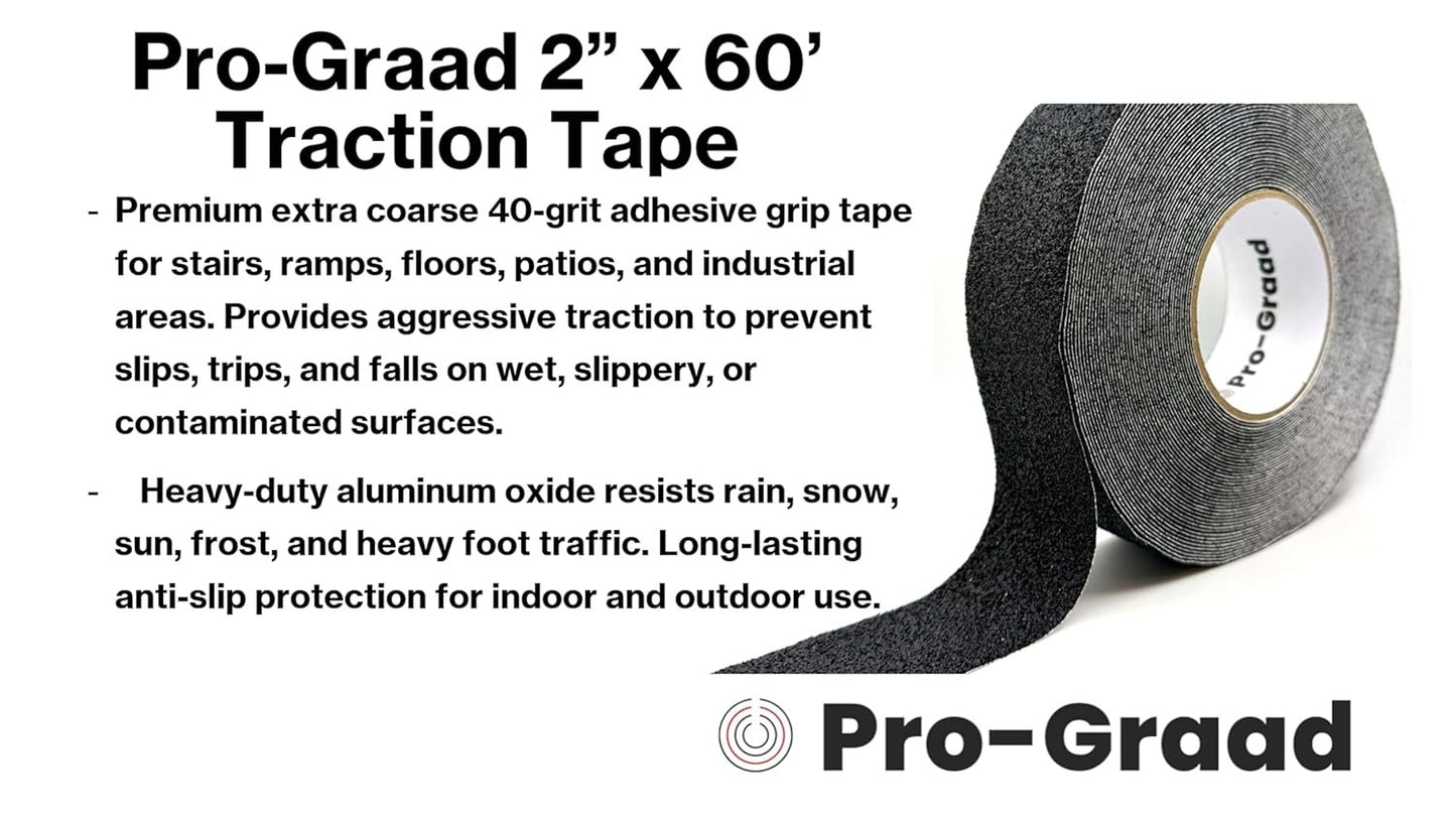 Pro-Graad Anti Slip Traction Tape 2" x 60 Foot, Black, Extra Coarse 40 Grit, Indoor/Outdoor Heavy Duty Safety Tape-Stairs, Steps, Boats, Docks, Ramps & More. Strong Adhesive Non Skid Treads (2” X 60’)
