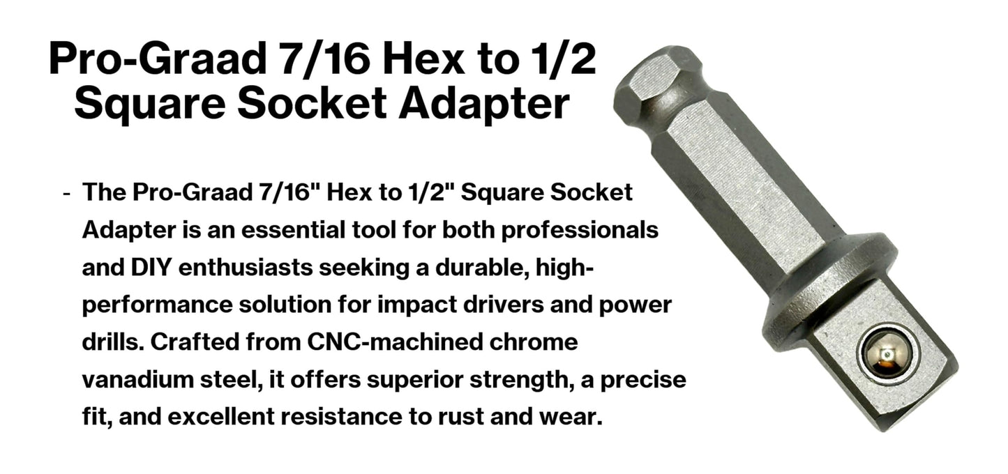 Pro-Graad 7/16" Hex to 1/2" Square Socket Adapter Drive Converter, Impact Driver Bit, Spring Ball Retainer, 2" Extension, Works with 7/16" Impact Driver & 1/2" Electric Drill