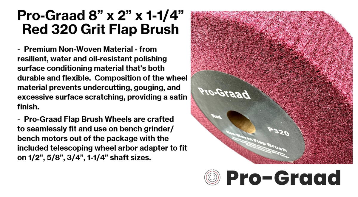 Pro-Graad 8” x 2” x 1-1/4” Arbor Red Bench Grinder Polishing Wheel, 320 Grit, Tight Weave, Great for refurbishing golf clubs and metal, Non-Woven Wheel for Copper, Metal, Finishing, and Burnishing