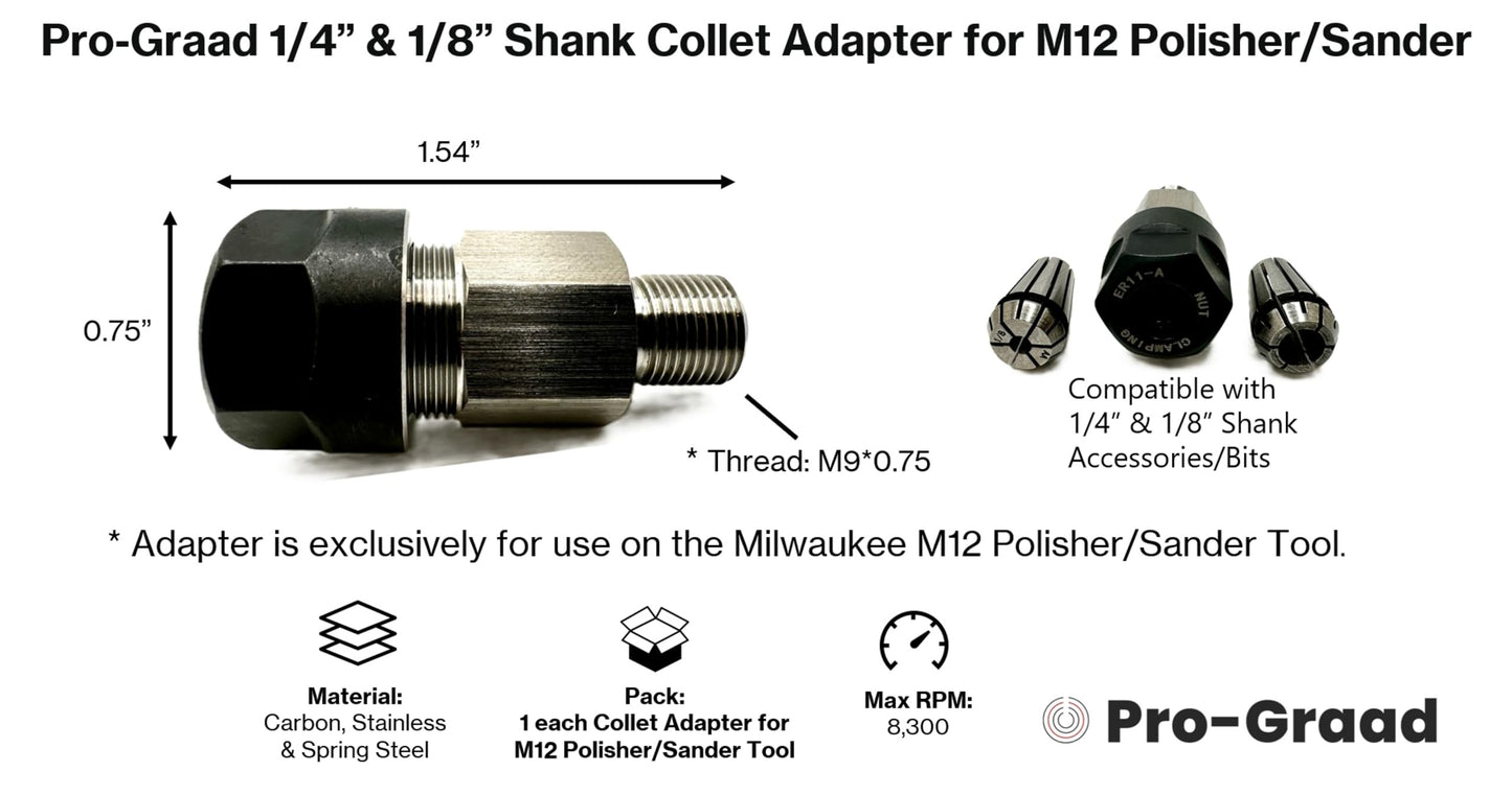 Pro-Graad Collet Adapter for Milwaukee M12 Polisher/Sander - Includes 1/8” & 1/4” Collets, Upgrade Accessory for M12 Tool, Shank Converter for 1/4” & 1/8” Accessories, Pack of 1