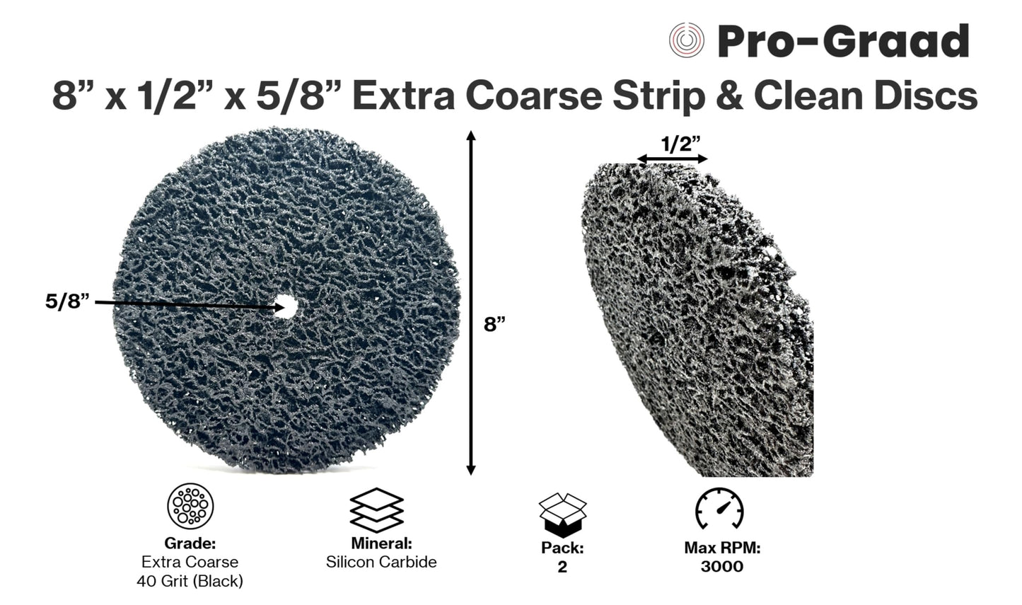 Pro-Graad 2 Pack 8” x 1/2” x 5/8" Strip & Clean Disc, Silicon Carbide Extra Coarse Cleaning Stripping Discs for Bench/Angle Grinder, Remove Paint Coatings Corrosion Rust Weld Cleanup, Black, 00958