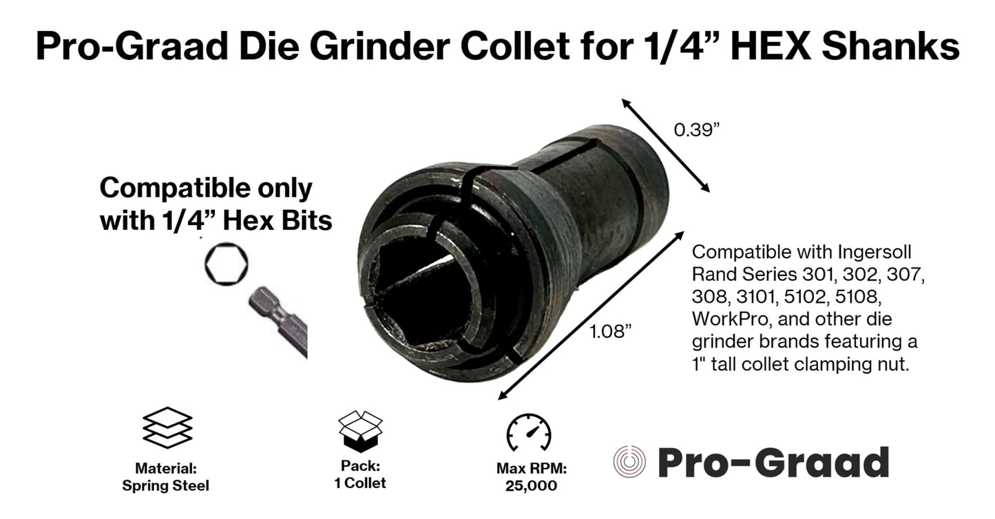 Pro-Graad Die Grinder Collet for 1/4” HEX Shanks – Unique Hex-Style Clamping Collet for Air Tool Die Grinders – Not for Round Shanks – Holds 1/4 Inch Hex Bits