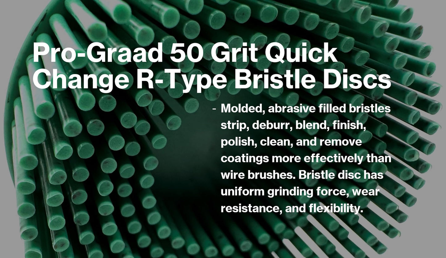 Pro-Graad 5 Pack 2" 50 Grit Green R-Type Bristle Disc | Ceramic-Aluminum Oxide Abrasive Bristle Disc with Quick Change Roll Lock | Pack of 5 | Green