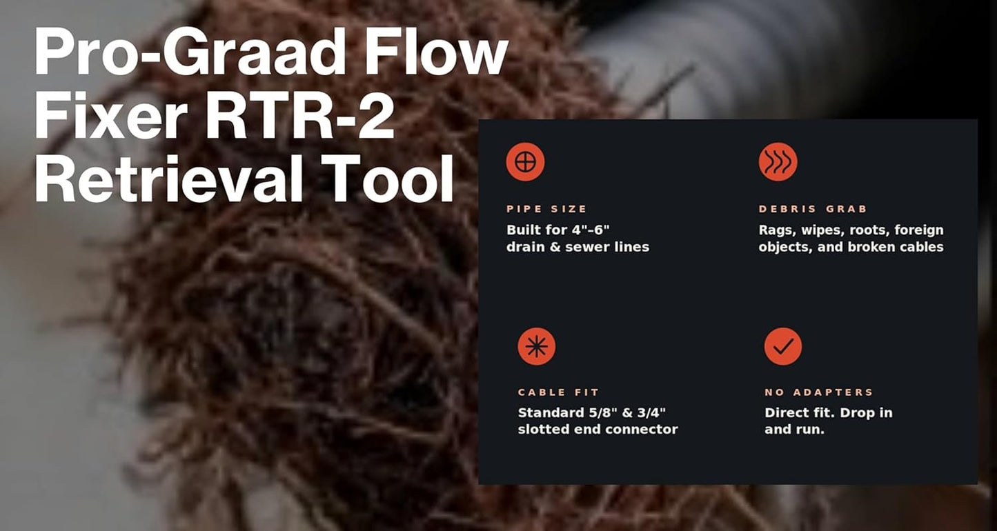 Pro-Graad FlowFixer RTR-2 Drain Cleaning Retrieving Tool | Large Corkscrew Cable Attachment | Retrieves Broken Cables, Rags & Debris | Fits 5/8" & 3/4" Drain Cables | For Use in 4” – 6” Pipes