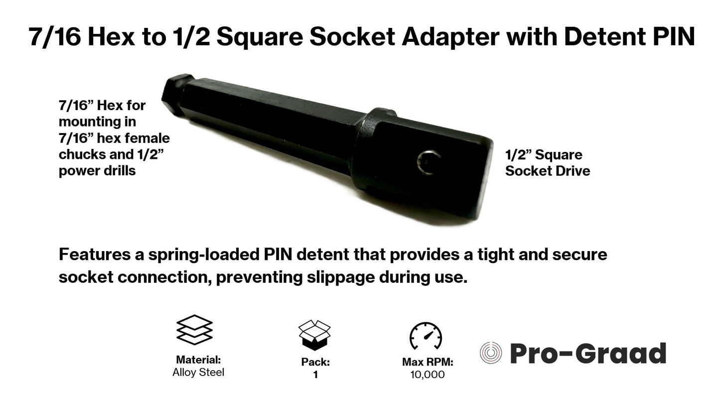 Pro-Graad 7/16 Hex to 1/2 Square Socket Adapter Drive Converter, Impact Driver Bit, Detent PIN, 2.5” Extension, 7/16” to 1/2” Impact Adapter, Works with 7/16inch Impact Driver & 1/2inch Electric Drill