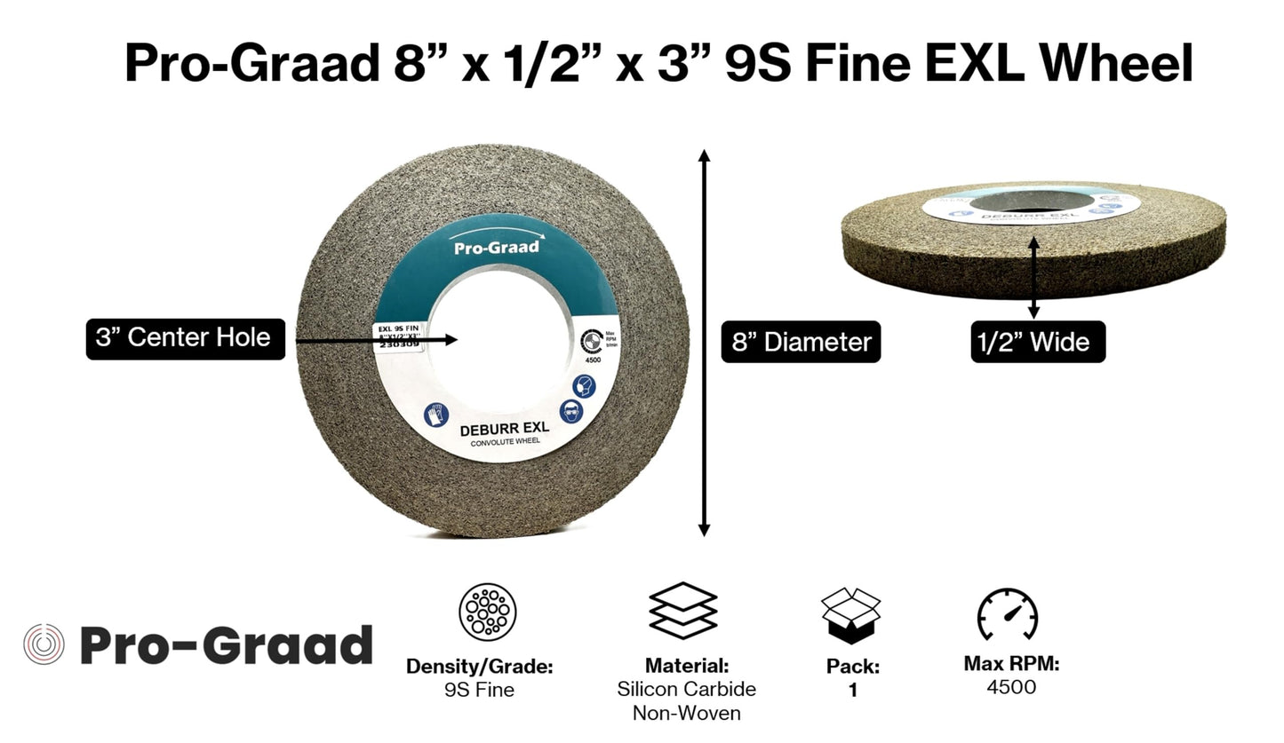 Pro-Graad EXL Deburring Wheel - 8" x 1/2" x 3" 9S Fine Grit - Silicon Carbide - Metal Deburring, Finishing and Polishing Wheel - Convolute - 05791 - (1 Pack)