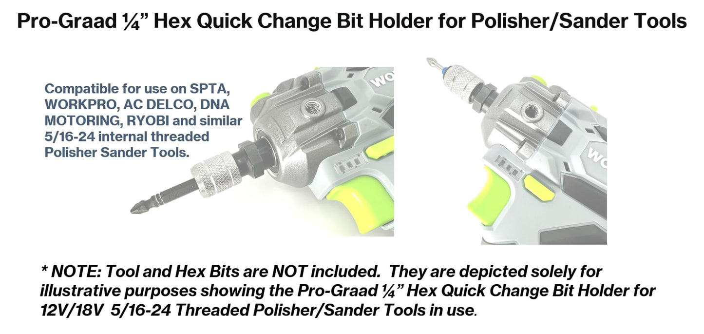 Pro-Graad 1/4” Hex Shank Converter, Quick Change Bit Holder Adapter for 5/16-24 Internal Threaded Polisher Sander Buffer Tools, Upgrade Accessory for SPTA, WORKPRO & Similar 5/16-24 Threaded Tools