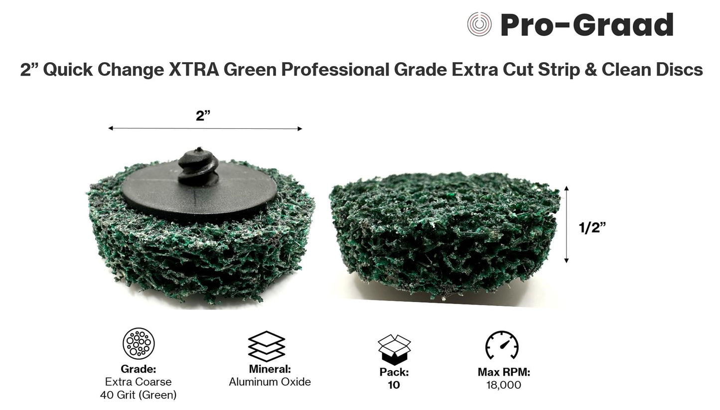Pro-Graad 10 Pack 2" XT PRO Extra Cut Clean & Strip Disc, Roll Lock Quick Change, Green Professional Grade, Extra Coarse, Remove Heavy Rust Paint Corrosion, 21543