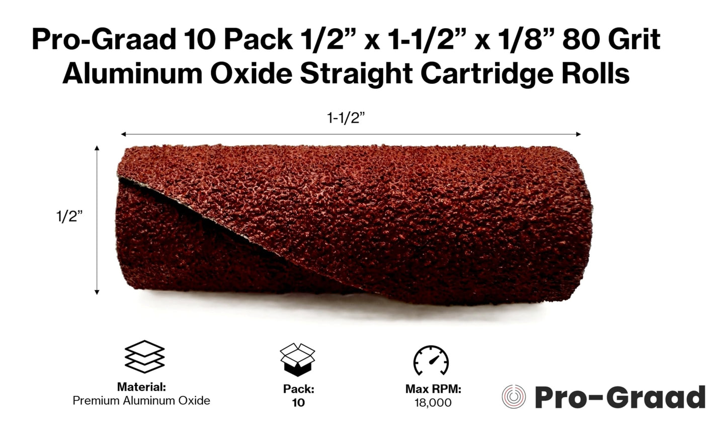 Pro-Graad 1/2” Diameter x 1-1/2” Length x 1/8” Pilot Hole 80 Grit Aluminum Oxide Straight/Untapered Cartridge Roll, 10 Pack, Includes 1x CR-9 Mandrel