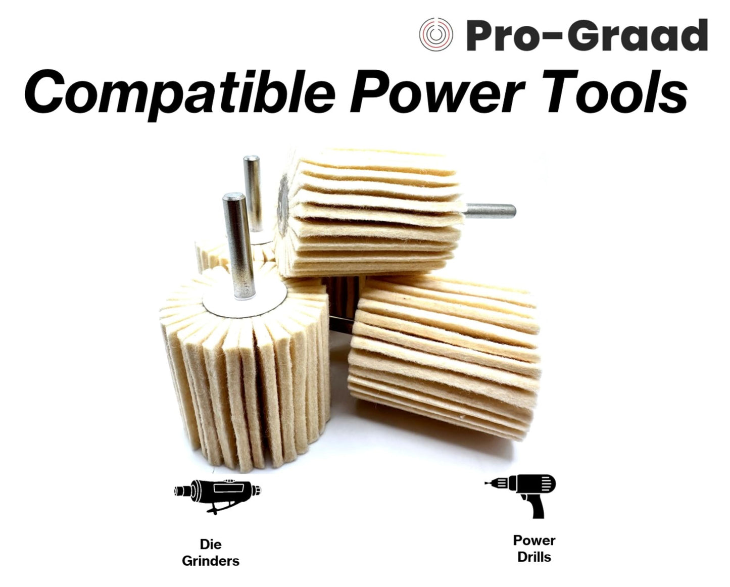 Pro-Graad 5 Pack 2-1/2" X 2-1/2" Felt Flap Wheel with 1/4" Shank Mounted, Perfect for Surface Finishing, Polishing, Buffing Plastics, Stone, Glass, Steel, Stainless, Aluminum and More, Pack of 5
