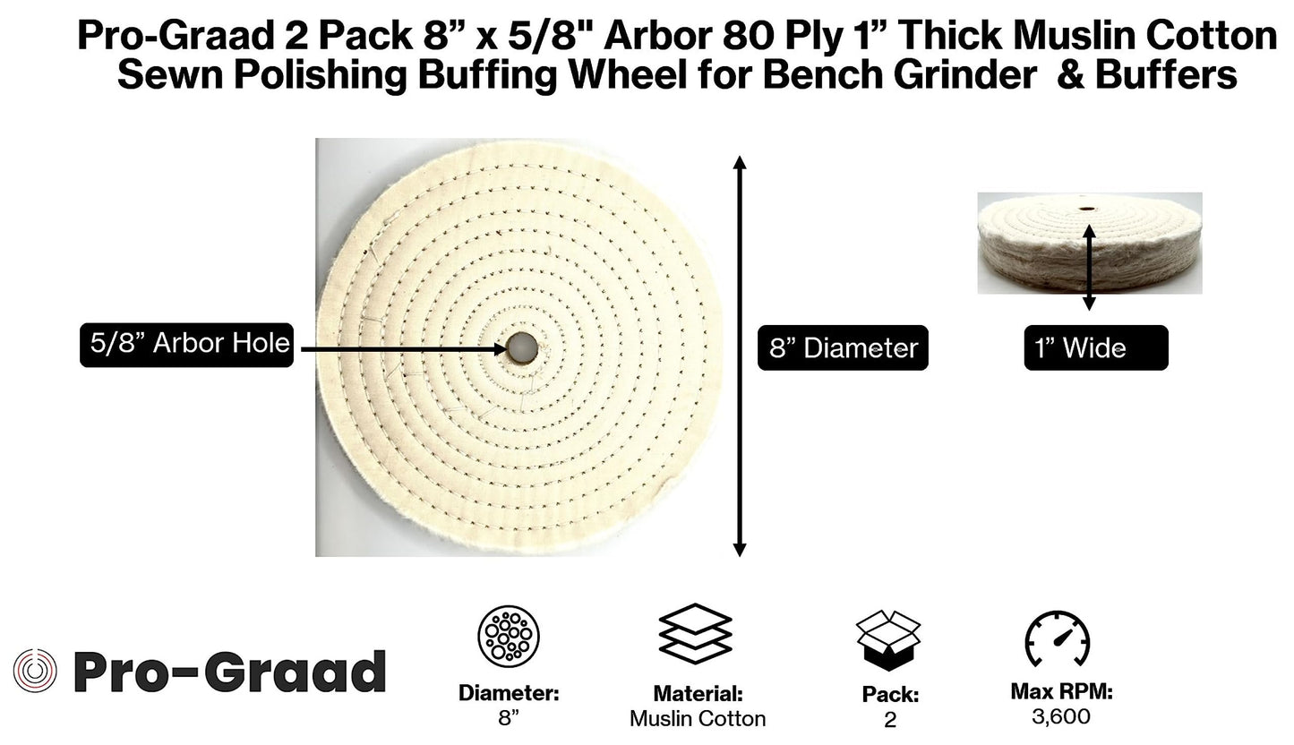 Pro-Graad 2 Pack Buffing Wheels for Bench Grinder or Buffer - 6 Inch Extra Thick Buffing Wheel Fine Cotton Sewn with 1/2” Arbor Hole - 80 Ply 1” Thick Polishing Buffing Wheel, Pack of 2