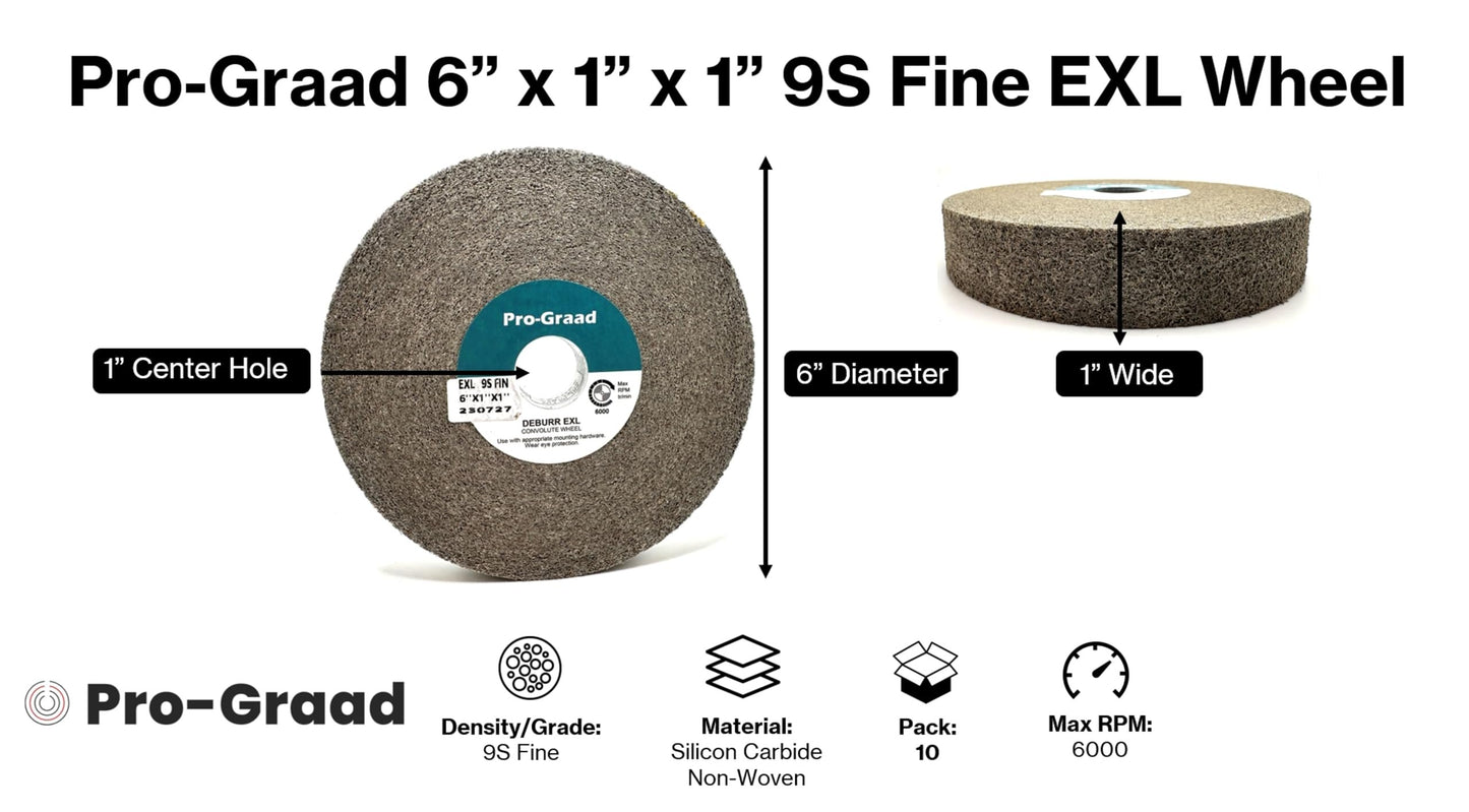Pro-Graad EXL Deburring Wheel – 10 Pack - 6" x 1" x 1" 9S Fine - Silicon Carbide - Metal Deburring, Finishing and Polishing Wheel - Convolute - 05132 - (Pack of 10)