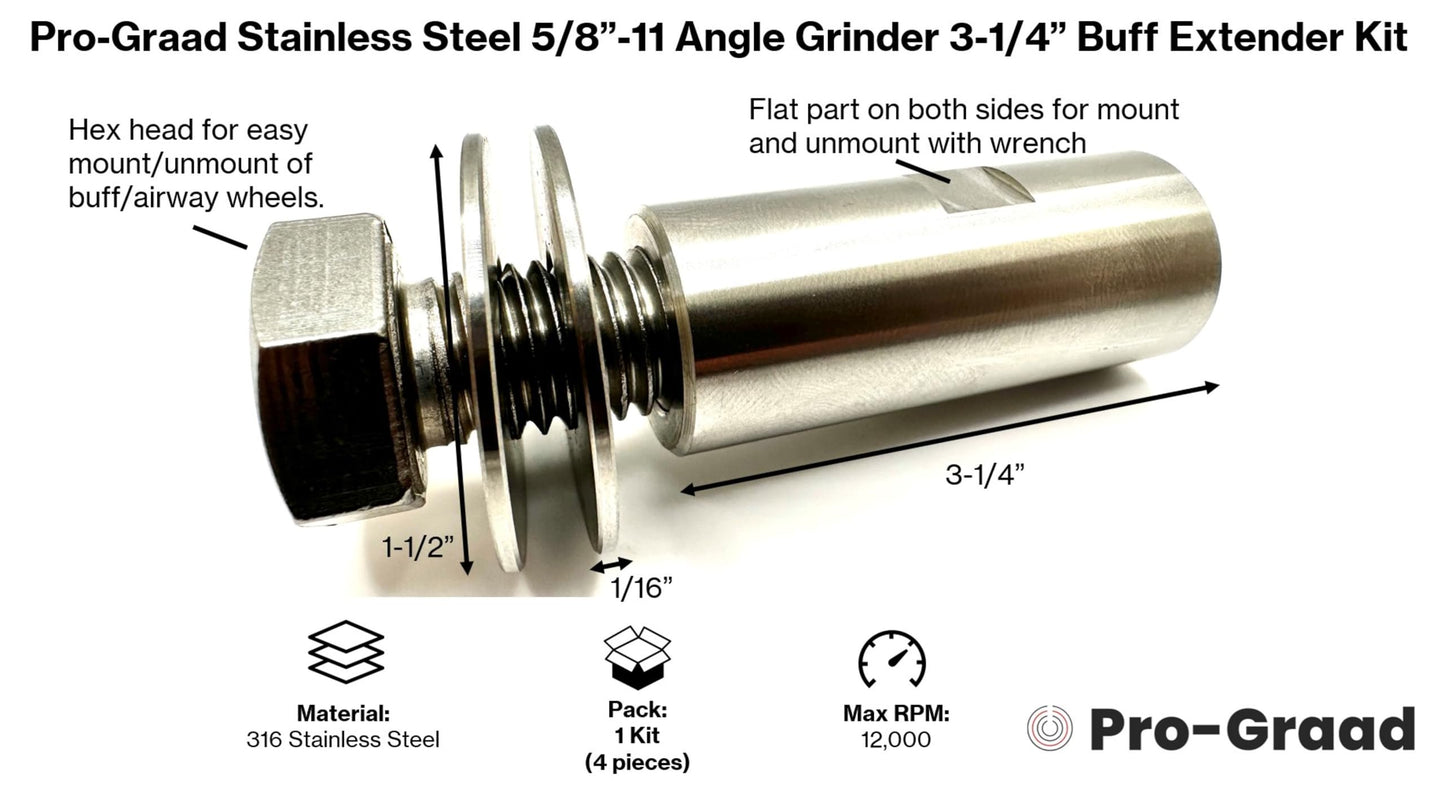Pro-Graad Stainless Steel 5/8”-11 Angle Grinder Buff Extender Kit, Airway Buffing Polishing Wheel 3-1/4” Extension Shaft, Threaded Arbor Extension Adapter, for Angle Grinders
