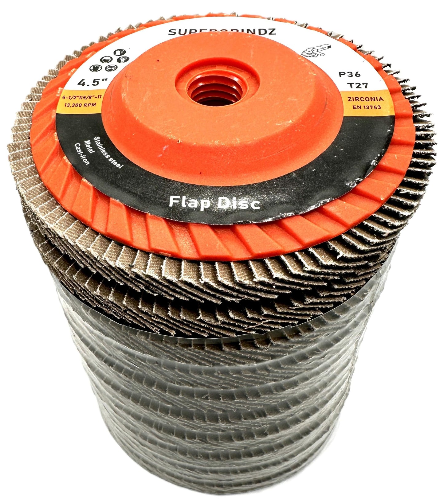 SuperGrindz 10 Pack 4-1/2" x 5/8"-11 36 Grit Type 27 High-Density Zirconia Trimmable Flap Discs for 4.5" & 5" Grinders, 5/8”-11 Fast Change Hub, Sanding, Finishing, Stock & Rust Removal