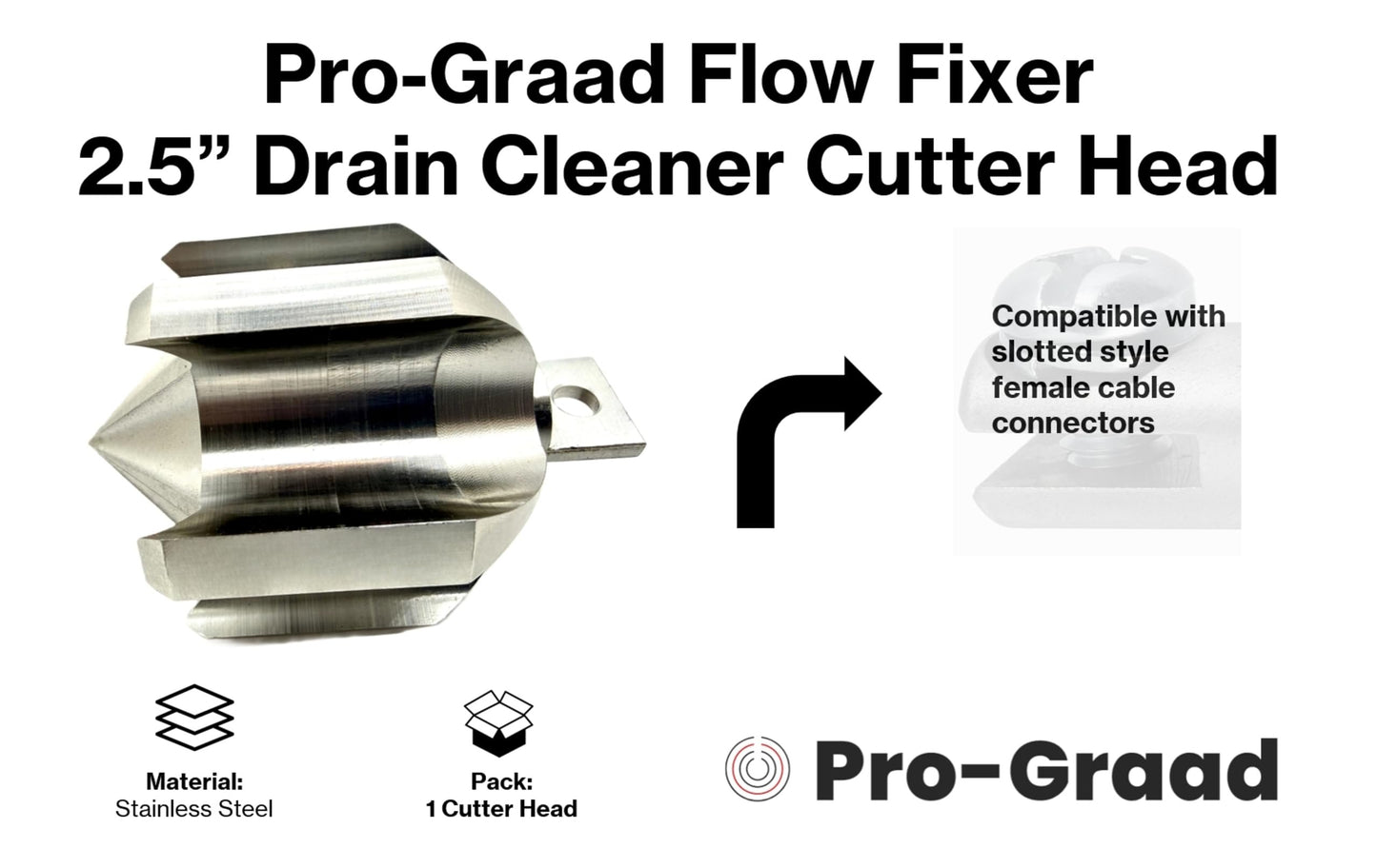 Pro-Graad Flow Fixer 2-1/2" Drain Cleaner Plumbing Snake Cutter Head for 3" - 4" Pipes, Clears & Scrapes Pipe Inner Walls, Fits 5/8” & 3/4" Cables, for Commercial & Residential Use