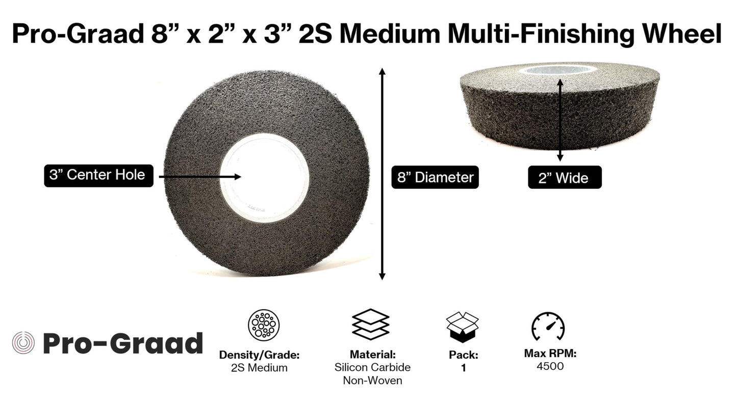 Pro-Graad Multi-Finishing Wheel – 8” x 2” x 3” 2S Medium Grit Silicon Carbide - Stainless Steel Finishing Convolute Wheel – for #4 Finish - 1 Pack