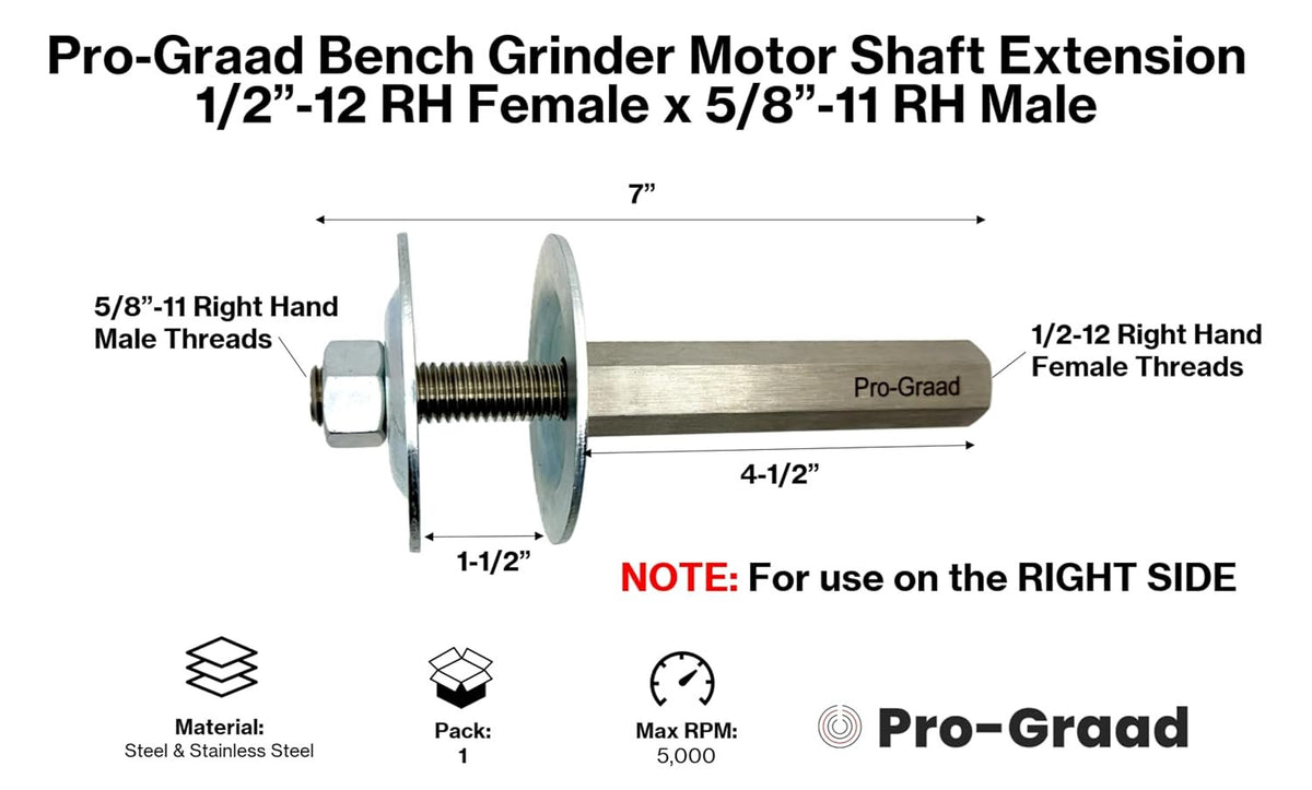 Pro-Graad Bench Grinder Motor Shaft Extension, 1/2"-12 RH to 5/8"-11 RH, 7”