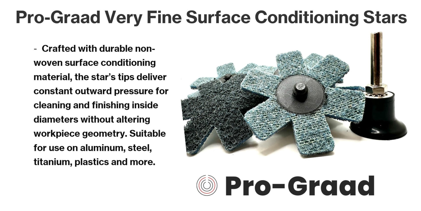 Pro-Graad 10 Pack 3” Very Fine Quick Change Surface Conditioning Stars, Ideal for Deburring, Polishing, Blending inside of cylinders, pipe, tubing, for Aluminum, Steel, Titanium - Includes Holder