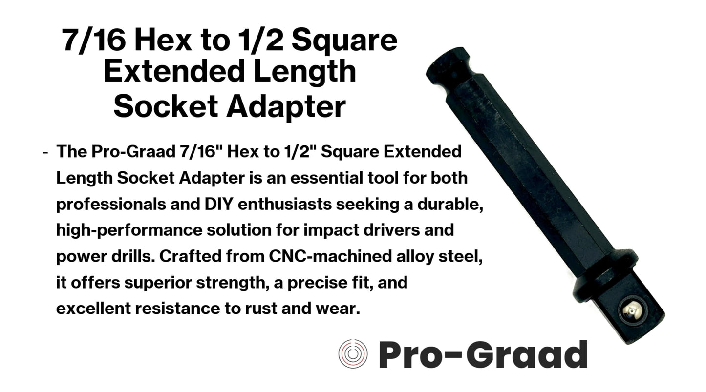 Pro-Graad 7/16 Hex to 1/2 Square Socket Extended Length Adapter Drive Converter, Impact Driver Bit, Ball Retainer, 3.5” Extension, Works with 7/16” Impact Driver & 1/2" Drill