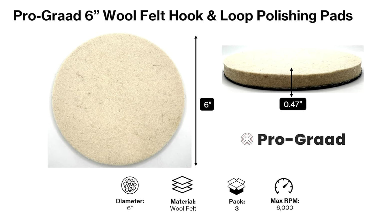 Pro-Graad 6" Wool Polishing Pads, 3pcs Wool Felt Polishing Pad Buffing Wheels Flocking Hook & Loop Backing for Random Orbital Sander, Pack of 3