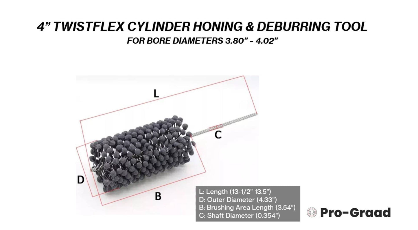 Pro-Graad TwistFlex 4" 240SC Cylinder Hone | 4.00" Flexible Cylinder Honing & Deburring Tool | Bore Brush for Hole Diameters 3.80"- 4.02" | Silicon Carbide 240 Grit | 0.354" Shank | 13.5" Length