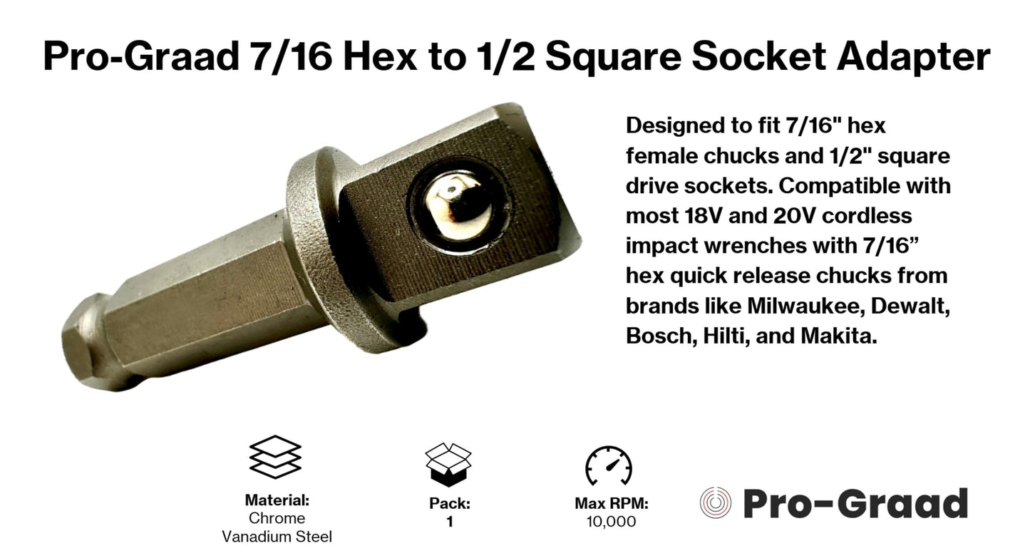 Pro-Graad 7/16" Hex to 1/2" Square Socket Adapter Drive Converter, Impact Driver Bit, Spring Ball Retainer, 2" Extension, Works with 7/16" Impact Driver & 1/2" Electric Drill