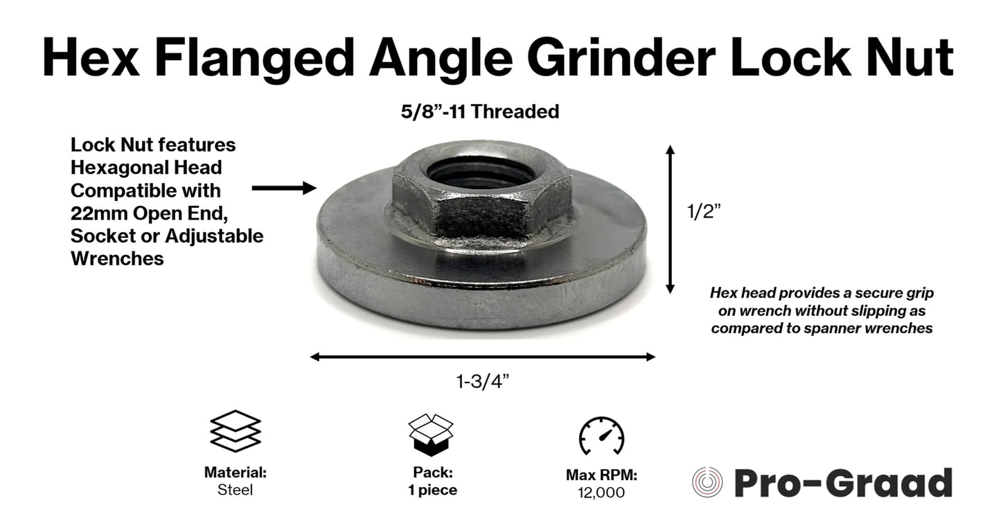 Pro-Graad 5/8-11 Angle Grinder Flange Nut, Hex Flanged Replacement Lock Nut, Locking Fastener Upper Pressing Plate Nut for 5/8”-11 Angle / Side Grinders