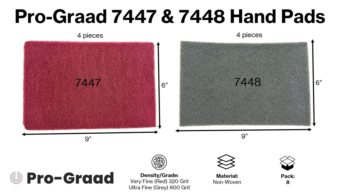 Pro-Graad 7447 & 7448 6" x 9" Automotive & Industrial Scuff Hand Pads, 8-Pack – 4 Maroon Fine & 4 Gray Ultra-Fine. Reusable wet/dry pads for surface/paint prep, sanding, auto body, woodworking, crafts