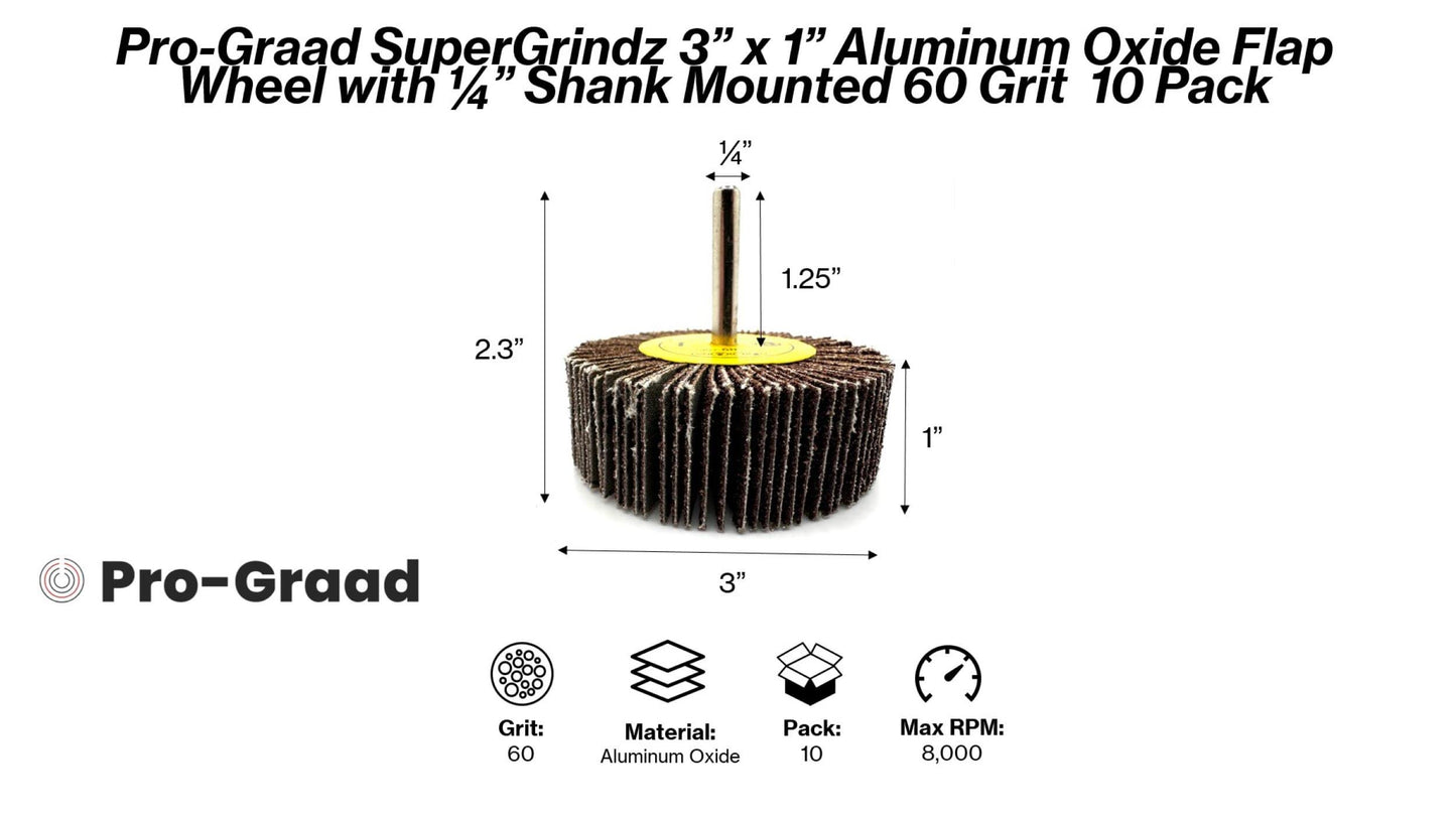 Pro-Graad SuperGrindz 10 Pack 3" x 1" x 1/4" 60 Grit Aluminum Oxide Shank Mounted Abrasive Flap Wheels, Ideal for Metal, Wood, Grinding, Blending, Polishing, Rust & Paint Removal