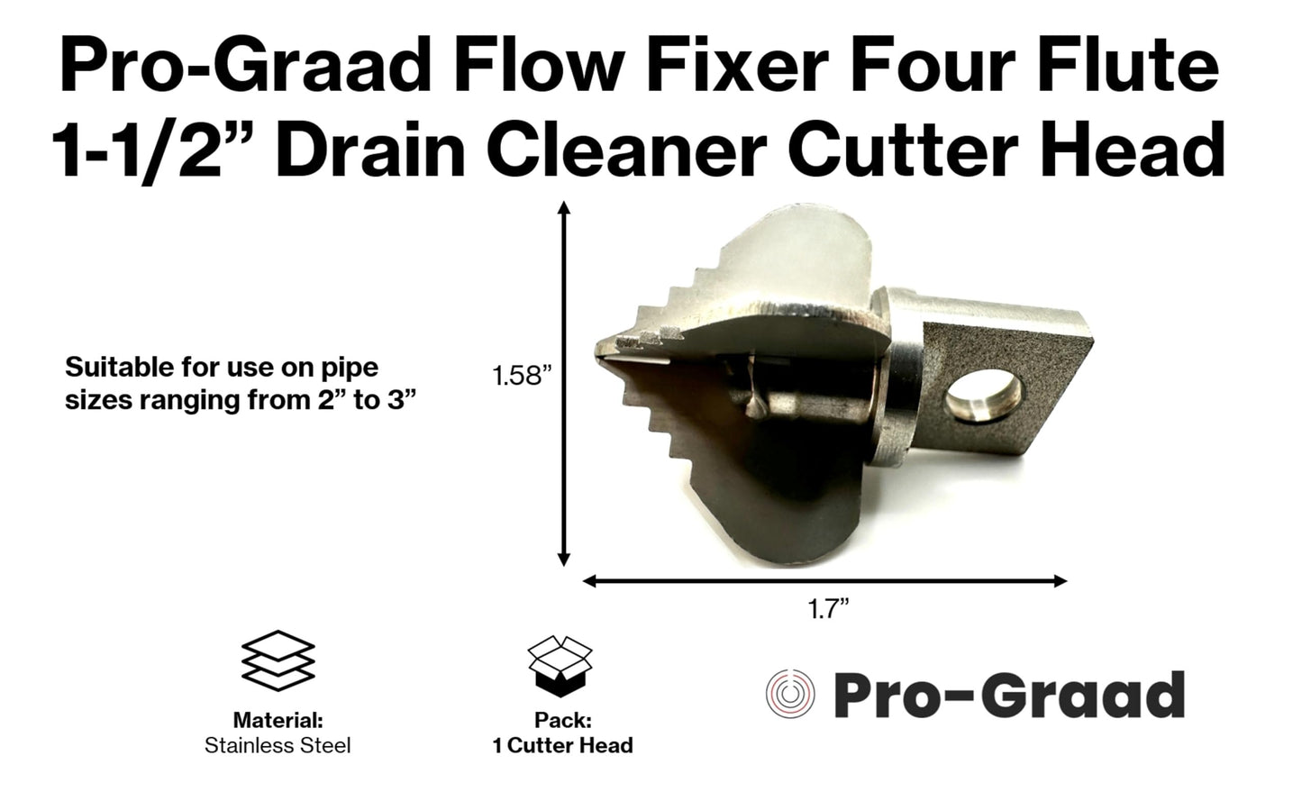 Pro-Graad 1.6” Spear 4 Flute Flow Fixer Drain Cleaner Plumbing Snake Cutter Head for 2” – 3” Pipes, Clears & Scrapes Inner Walls, Fits 3/8” 1/2" or 9/16” Cables, Commercial & Residential Use