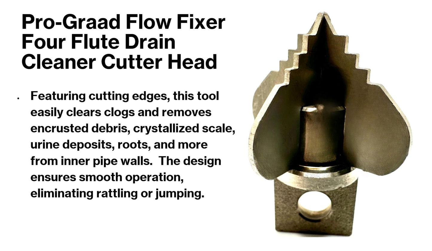 Pro-Graad 1.6” Spear 4 Flute Flow Fixer Drain Cleaner Plumbing Snake Cutter Head for 2” – 3” Pipes, Clears & Scrapes Inner Walls, Fits 3/8” 1/2" or 9/16” Cables, Commercial & Residential Use