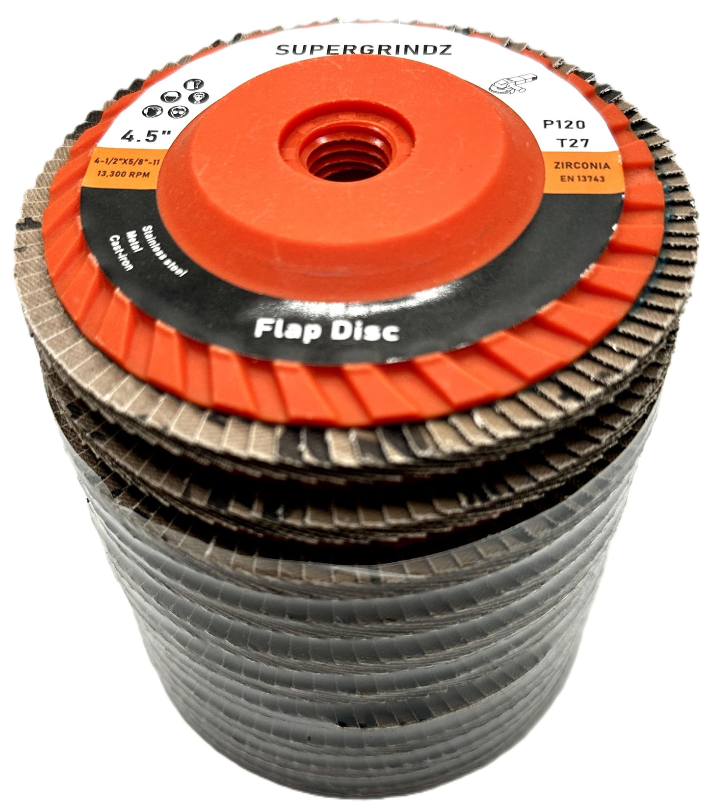 SuperGrindz 10 Pack 4-1/2" x 5/8"-11 120 Grit Type 27 High-Density Zirconia Trimmable Flap Discs for 4.5" & 5" Grinders, 5/8”-11 Fast Change Hub, Sanding, Finishing, Stock & Rust Removal