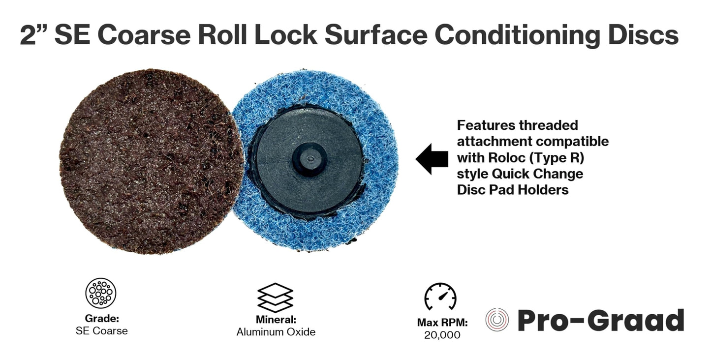 Pro-Graad 2” SE Coarse Roll Lock Quick Change Heavy Duty Non-Woven Surface Conditioning Discs for Deburring Sanding Blending Polishing Paint Removal with Male R-Type Backing, Brown (ACRS), 18081