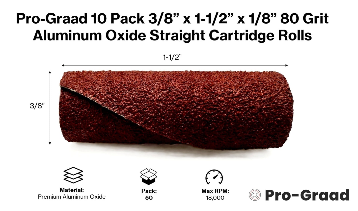 Pro-Graad 3/8” Diameter x 1-1/2” Length x 1/8” Pilot Hole 80 Grit Aluminum Oxide Straight/Untapered Cartridge Roll, 50 Pack, Includes 1x CR-9 Mandrel