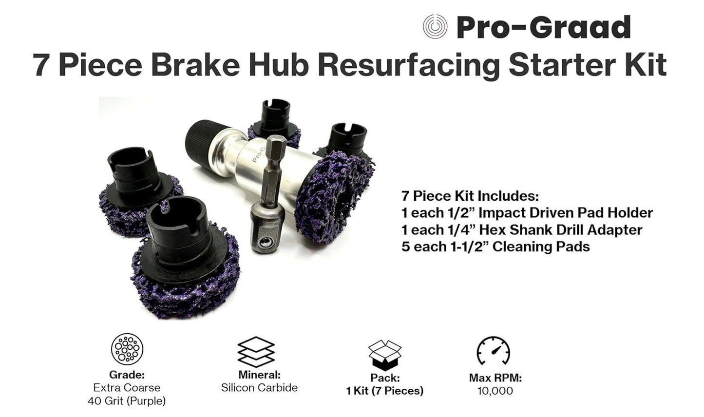 Pro-Graad 7 Piece 1-1/2” Brake Hub Cleaning Disc Kit, Impact Driven Tool Resurfacing Hub, Rotor, Stud, Wheel Rust Removal Cleaner, Kit Includes 5X Cleaning Pad Discs, 1x Tool Holder, 1x Drill Adapter