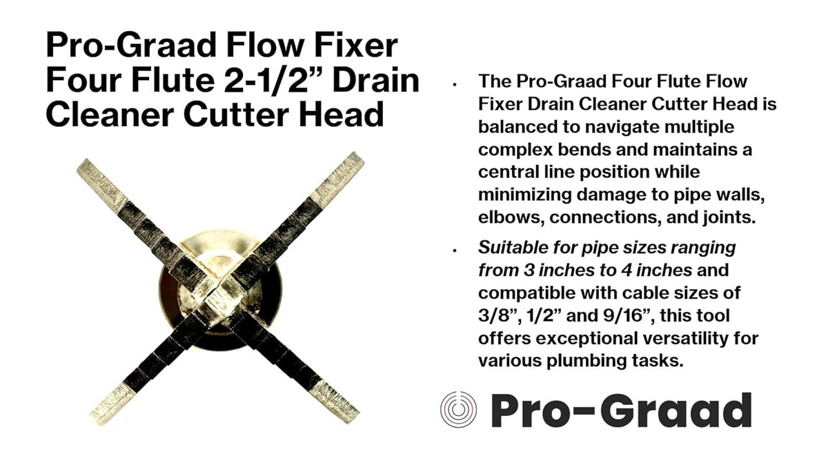 Pro-Graad 2-1/2” Spear 4 Flute Flow Fixer Drain Cleaner Plumbing Snake Cutter Head for 3” – 4” Pipes, Clears & Scrapes Inner Walls, Fits 3/8” 1/2" or 9/16” Cables, Commercial & Residential Use
