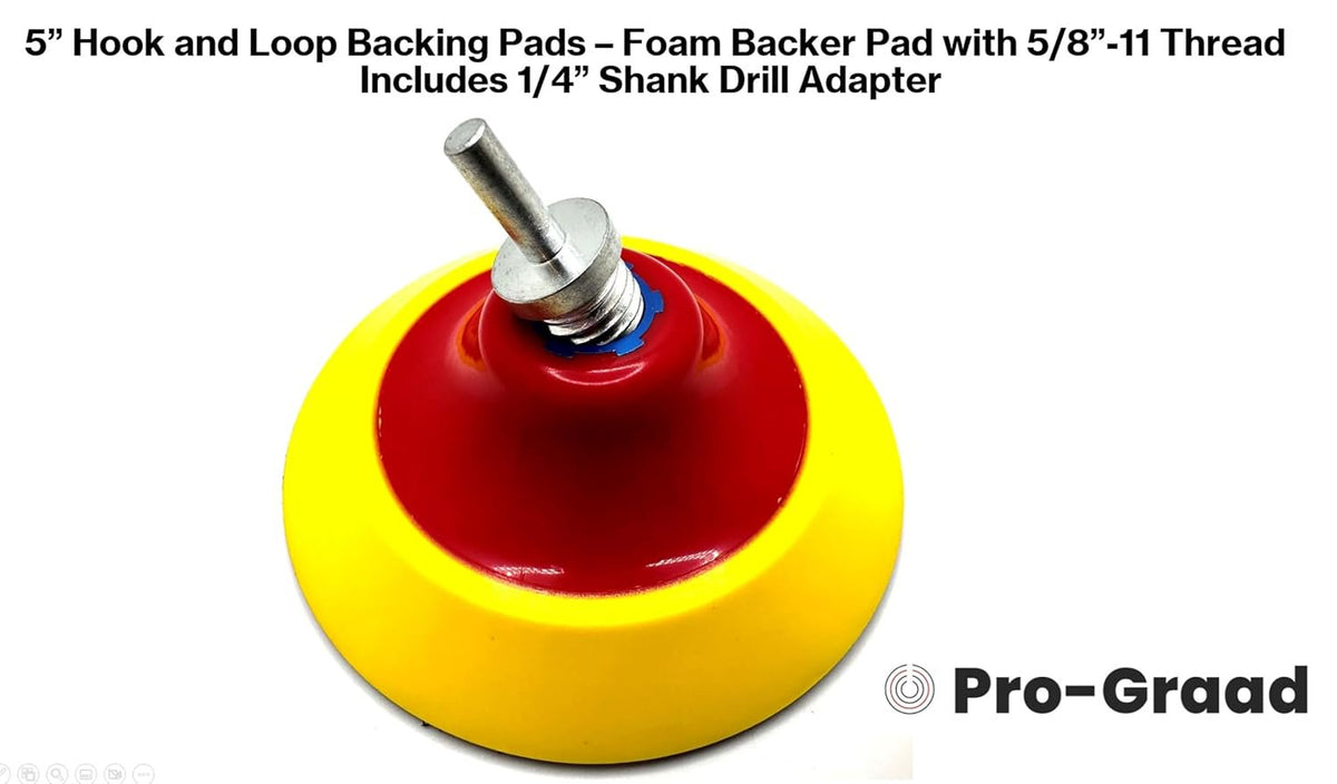 Pro-Graad 5" Premium Hook and Loop Backing Plate for Sanding, Polishing Buffering Pads, Backer Pad with 5/8”-11, 5 inch Backup Pad for Angle Grinder Drill Polisher Buffer – with Drill Adapter