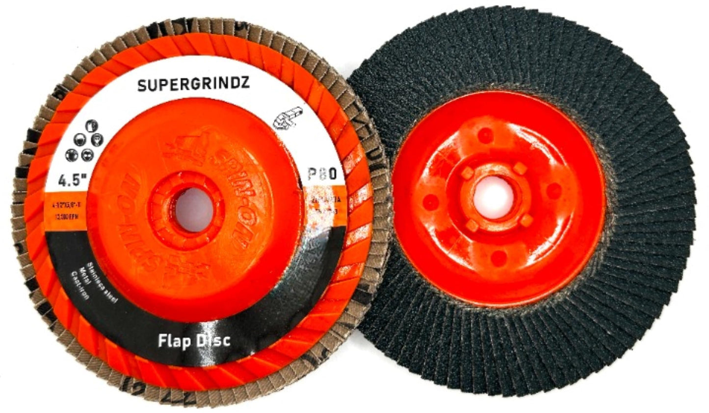 SuperGrindz 10 Pack 4-1/2" x 5/8"-11 80 Grit Type 27 High-Density Zirconia Trimmable Flap Discs for 4.5" & 5" Grinders, 5/8”-11 Fast Change Hub, Sanding, Finishing, Stock & Rust Removal