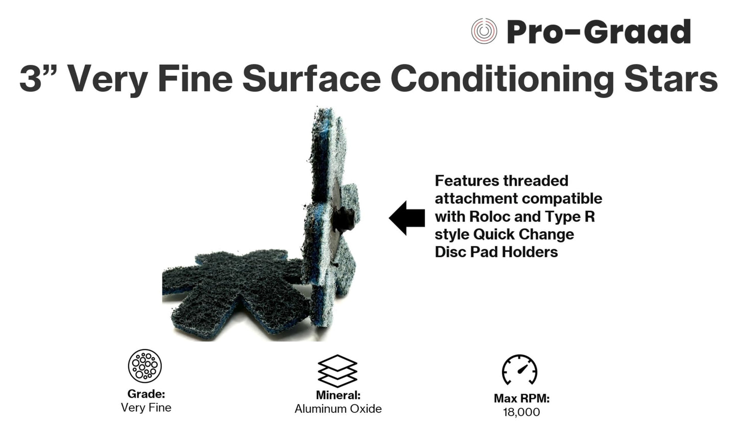 Pro-Graad 10 Pack 3” Very Fine Quick Change Surface Conditioning Stars, Ideal for Deburring, Polishing, Blending inside of cylinders, pipe, tubing, for Aluminum, Steel, Titanium - Includes Holder