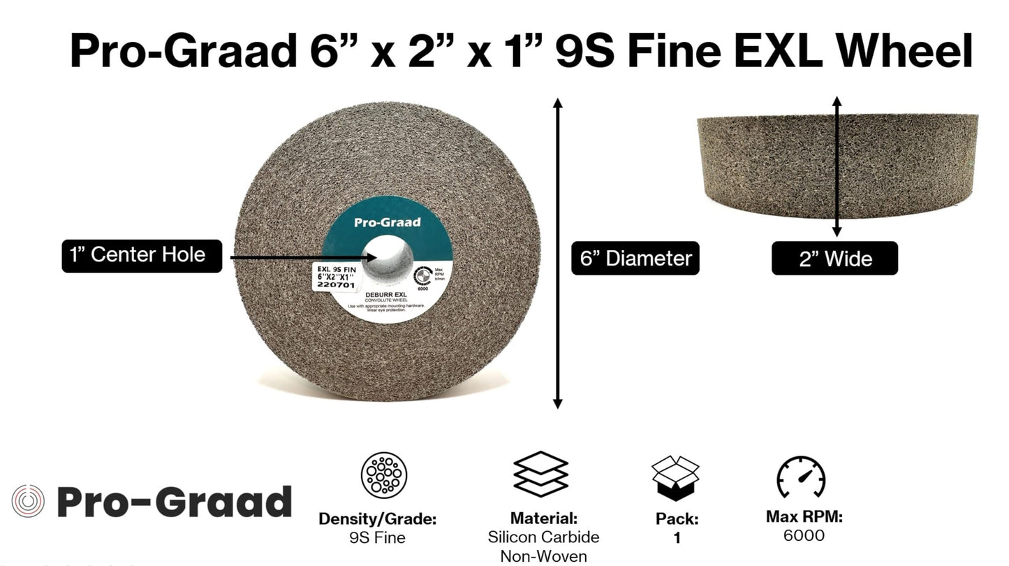 Pro-Graad EXL Deburring Wheel - 6" x 2" x 1" 9S Fine Grit - Silicon Carbide - Metal Deburring, Finishing and Polishing Wheel - Convolute - 05133 - (1 Pack)