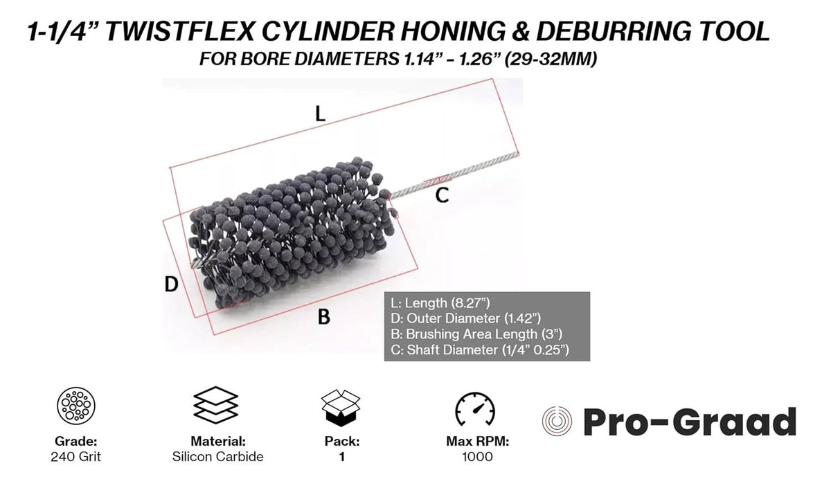 Pro-Graad TwistFlex 1-1/4" 240SC Cylinder Hone | 1.25" Flexible Cylinder Honing & Deburring Tool | Bore Brush for Hole Diameters 1.14 - 1.26" | Silicon Carbide 240 Grit | 1/4" Shank | 8.27" Length