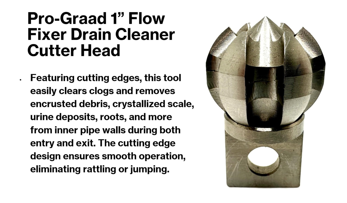Pro-Graad 1” Flow Fixer Drain Cleaner Plumbing Snake Cutter Head for 1-1/4" - 2" Pipes, Clears & Scrapes Pipe Inner Walls, Fits 5/16” & 3/8” Cables, for Commercial & Residential Use