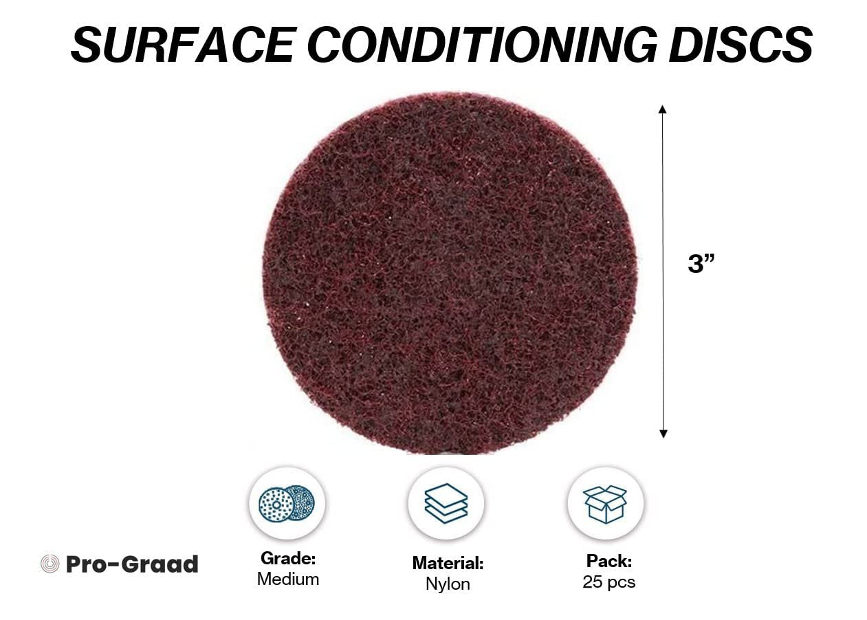 Pro-Graad 3" Quick Change Non-Woven Nylon Surface Conditioning Discs for Deburring Sanding Blending Polishing Paint Removal with Male R-Type Backing Use with Die Grinder - Red (Medium) - (25 Pack)